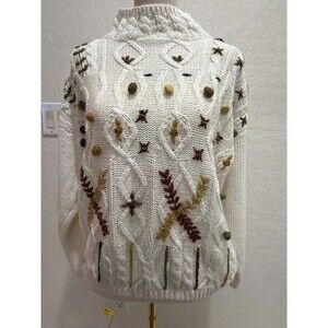 Vintage 80s Kitty Hawk Vivian Wang M Cable Knit Floral 3D Bobble Sweater